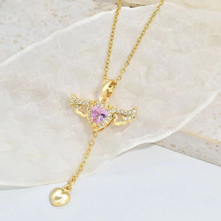 Moving Cupid Heart Angel Wings Tassel Necklace for Women