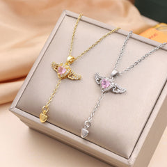 Moving Cupid Heart Angel Wings Tassel Necklace for Women