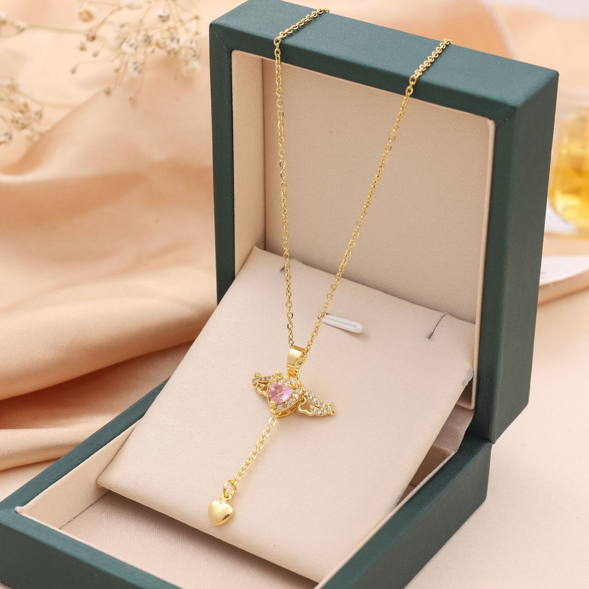 Moving Cupid Heart Angel Wings Tassel Necklace for Women