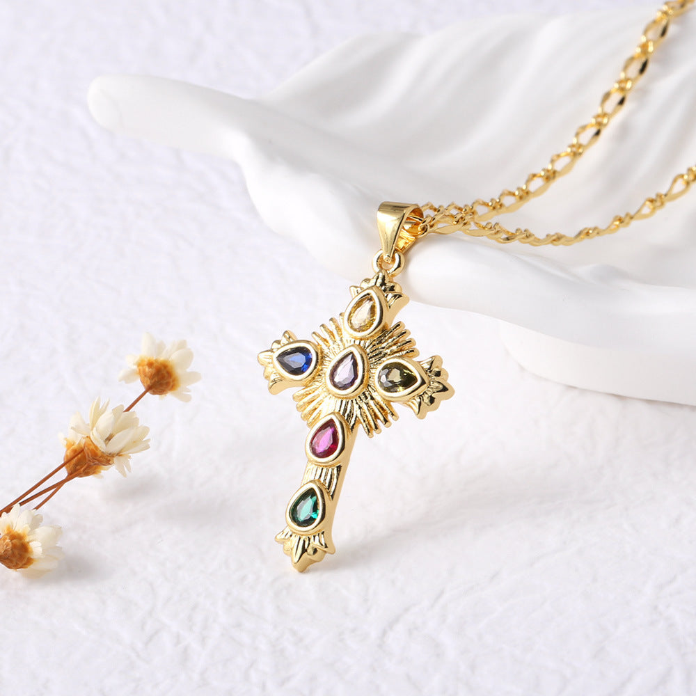 Gold-Plated Cross Pendant Necklace with Zirconium for Women