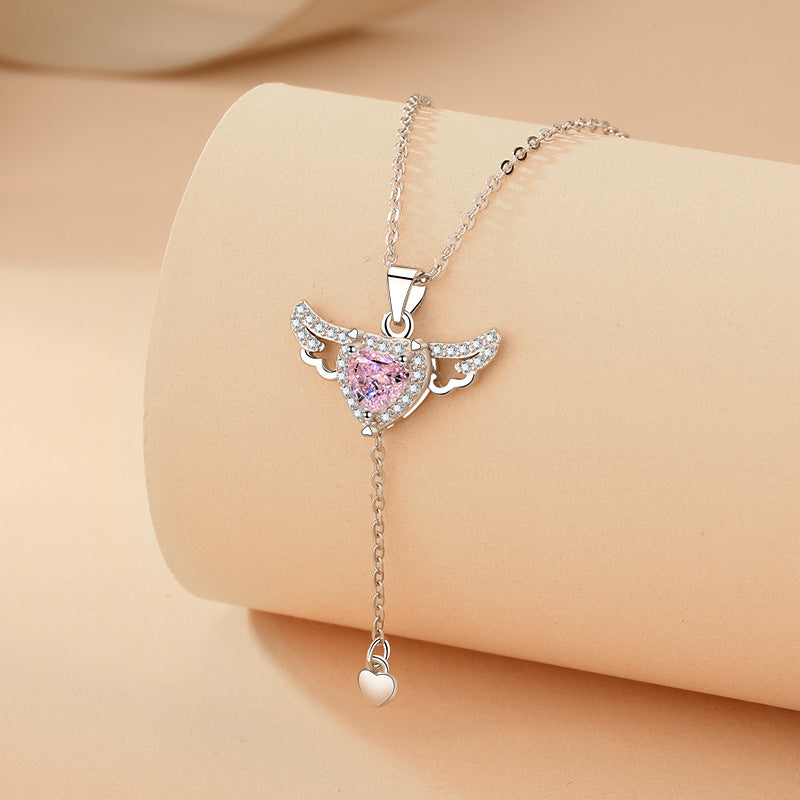 Moving Cupid Heart Angel Wings Tassel Necklace for Women