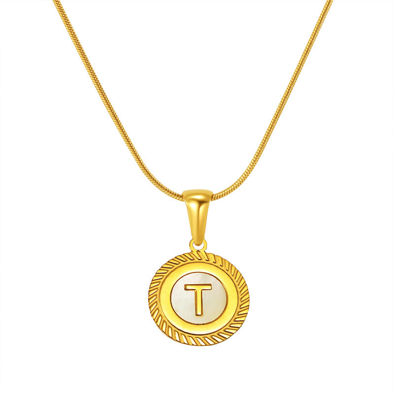 Fashion 26 English Letter Pendant Necklace – 18K Titanium Steel with Shell Design