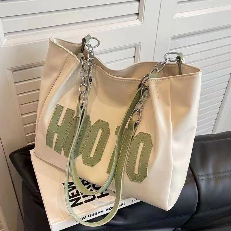 Simple Letter Shoulder Bag - Large Capacity PU Tote Bag for Women