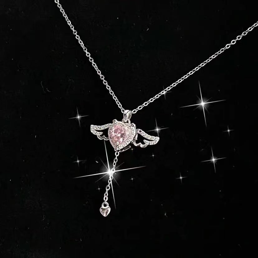 Moving Cupid Heart Angel Wings Tassel Necklace for Women