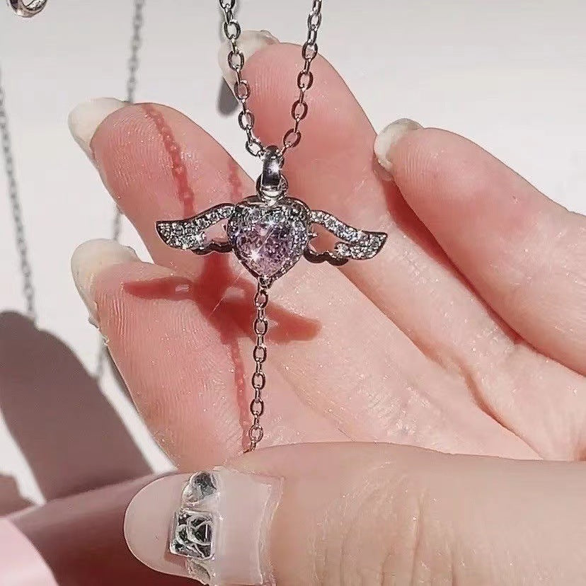 Moving Cupid Heart Angel Wings Tassel Necklace for Women