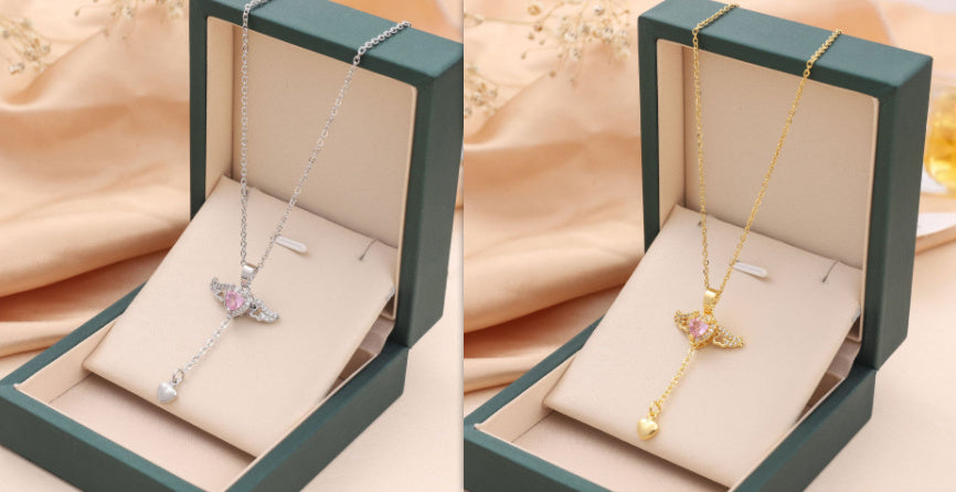 Moving Cupid Heart Angel Wings Tassel Necklace for Women