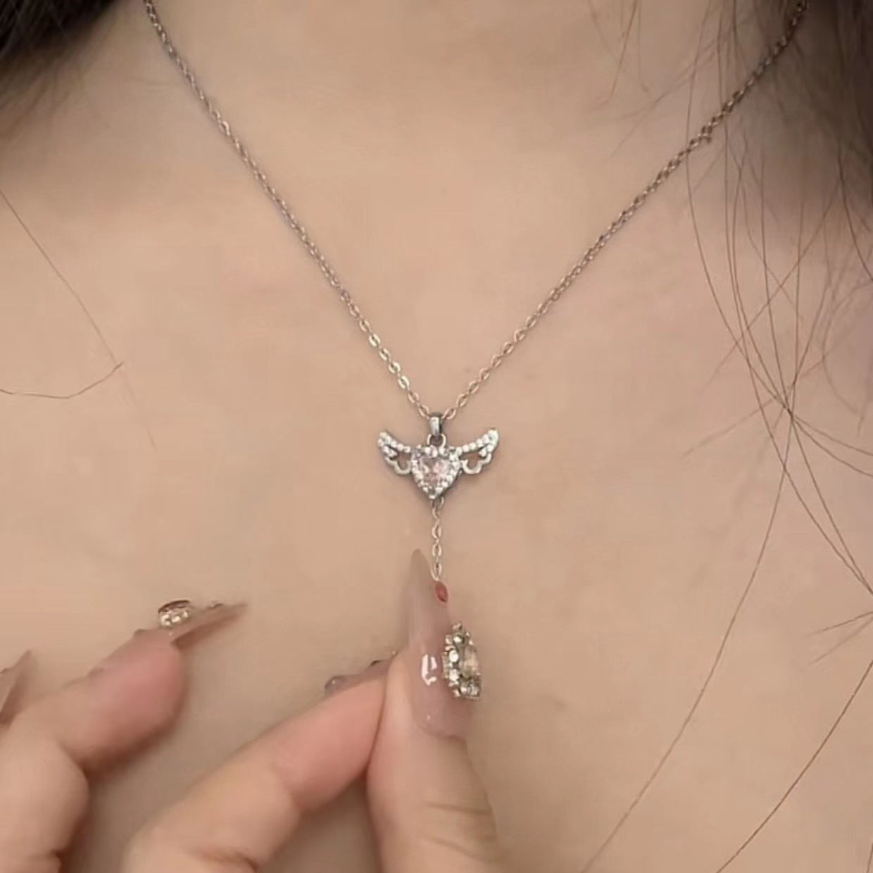 Moving Cupid Heart Angel Wings Tassel Necklace for Women