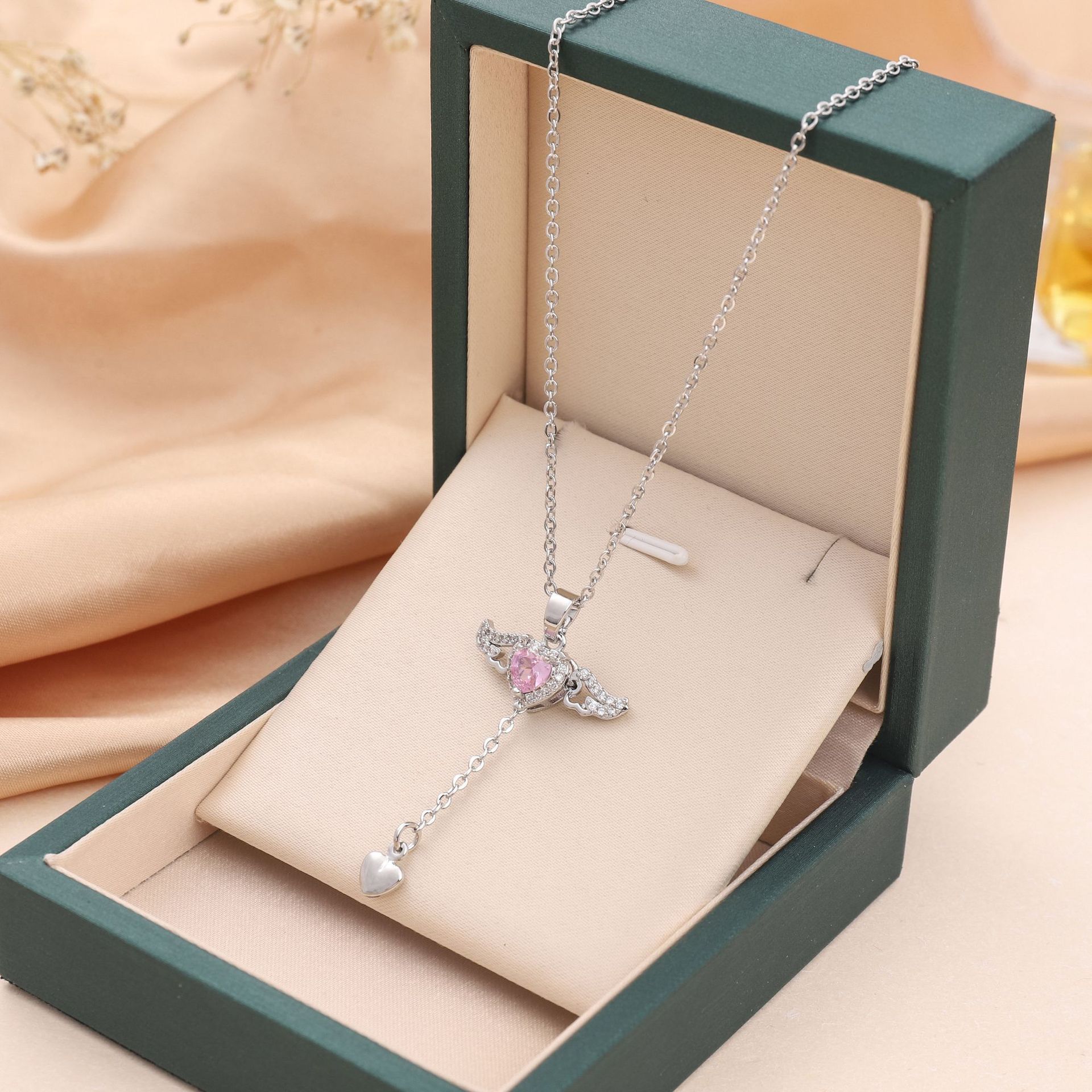 Moving Cupid Heart Angel Wings Tassel Necklace for Women