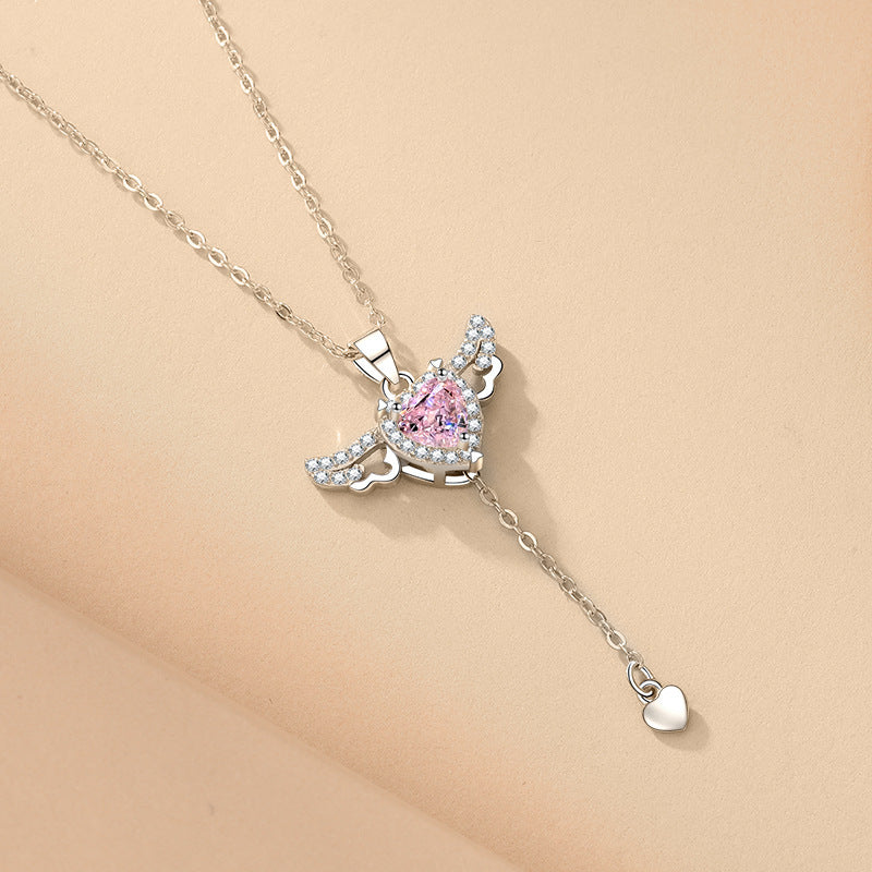 Moving Cupid Heart Angel Wings Tassel Necklace for Women